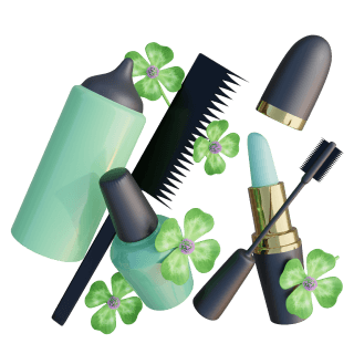 Cosmetics and clovers floating in the air